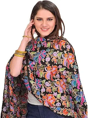 Jet-Black Stole from Amritsar with Aari Embroidery in Multicolor Thread