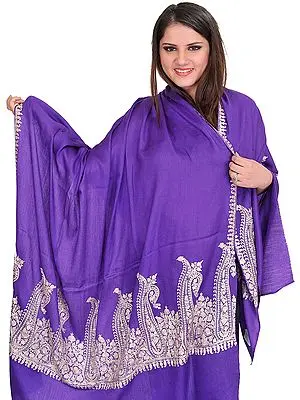 Prism-Violet Shawl from Kashmir with Aari-Embroidered Paisleys on Border