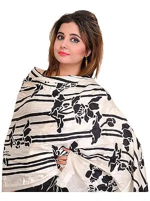 Pristine-White Stole with Printed Black Motifs and Self-Weave