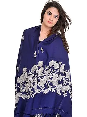 Twilight-Blue Stole from Kashmir with Aari Hand-Embroidered Leaves