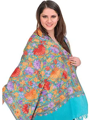 Blue-Curacao Stole from Kashmir with Aari Embroidered Flowers All-Over