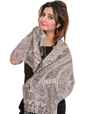Sparrow and Gray Reversible Jamawar Scarf with Woven Paisleys