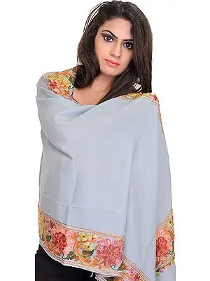 Plain Stole from Amritsar with Aari Embroidered Flowers on Border