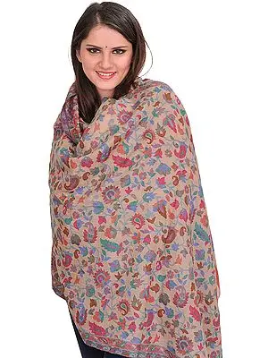 Smoke-Gray Cashmere Kani Stole with Woven Paisleys in Multicolor Thread