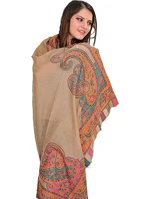 Light-Taupe Cashmere Shawl with Woven Paisleys and Self-Weave