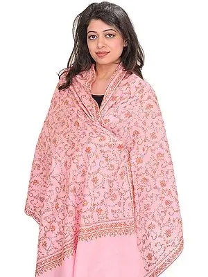 Quartz-Pink Tusha Stole from Kashmir with Sozni Hand-Embroidery All-Over