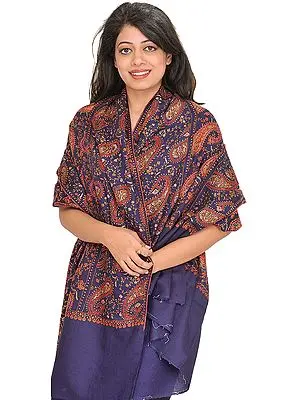Ribbon-Blue Tusha Shawl from Kashmir with Sozni Hand-Embroidered Paisleys