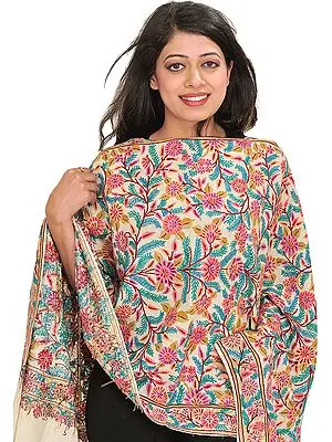 Ivory Stole from Kashmir with Floral Aari-Embroidery by Hand