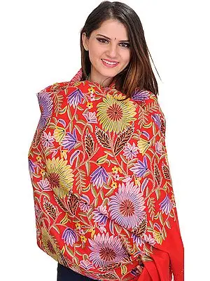 Tomato-Red Stole from Kashmir with Aari Hand-Embroidered Flowers