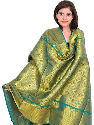 Cadmium-Green Brocaded Shawl from Tamil Nadu with Woven Flowers