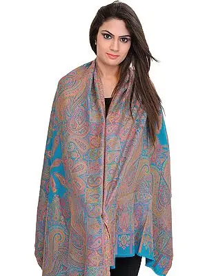 Enamel-Blue Kani Jamawar Stole with Woven Paisleys