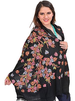 Jet-Black Stole from Kashmir with Aari Hand-Embroidered Maple Tree