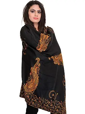 Phantom-Black Tusha Shawl from Kashmir with Sozni-Embroidered Paisleys by Hand