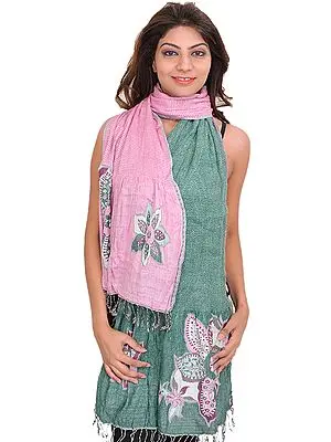 Pink and Green Reversible Scarf with Woven Flowers on Border