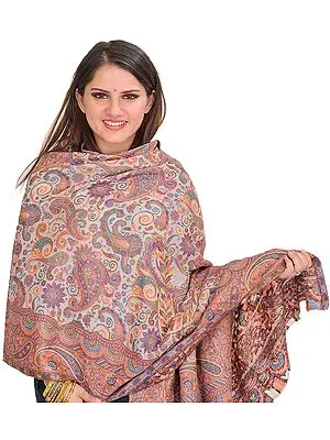 Snow-White Kani Jamwar Stole with Woven Paisleys