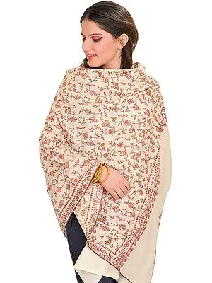 Cream Handloom Pashmina Shawl from Kashmir with Sozni Hand-Embroidery All-Over