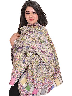 Lily-White Cashmere Kani Shawl with Woven Paisleys All-Over