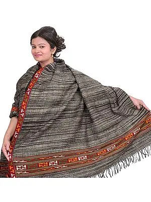 Pirate-Black Shawl from Kullu with Kinnauri Woven Border and Thread Weave