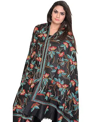 Caviar-Black Dupatta from Kolkata with Kantha Hand-Embroidered Flowers