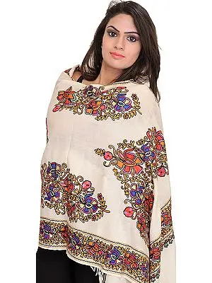 Stole from Amritsar with Floral Aari-Embroidery in Multicolor Thread