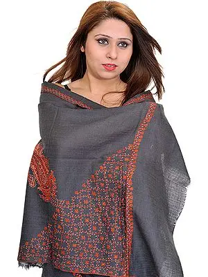 Castlerock-Gray Tusha Stole from Kashmir with Sozni Hand-Embroidery on Border