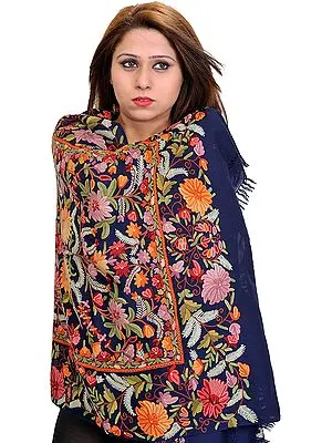 Patriot-Blue Jamawar Stole from Kashmir with Floral Hand-Embroidery All-Over