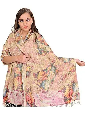 Multicolor Digital-Printed Stole with Aari-Embroidery All-Over