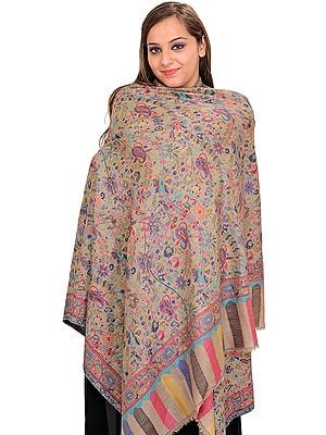Light-Taupe Cashmere Kani Shawl with Woven Paisleys and Flowers