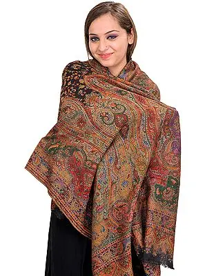 Phantom-Black Kani Stole from Kashmir with Woven Paisleys