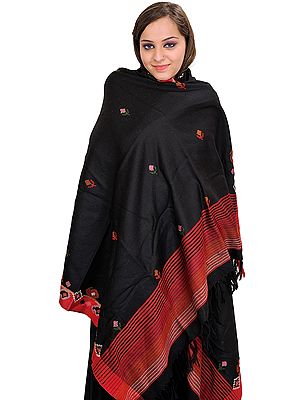 Jet-Black and Red Shawl with Woven Bootis and Striped Border