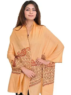 Caramel-Cream Tusha Stole from Kashmir with Sozni Hand-Embroidery on Border