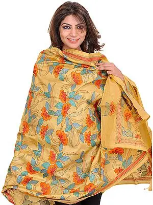 Italian-Straw Dupatta from Kolkata with Kantha Hand-Embroidered Flowers