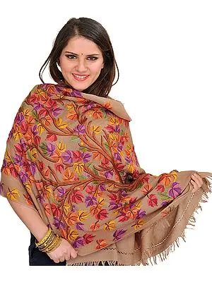 Plaza-Taupe Stole from Kashmir with Aari Hand-Embroidered Tree of Life