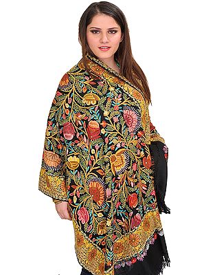 Caviar-Black Stole from Kashmir with Dense Hand-Embroidery and Zari Thread