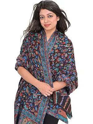 Licorice-Black Cashmere Kani Shawl with Woven Paisleys in Multicolor Thread