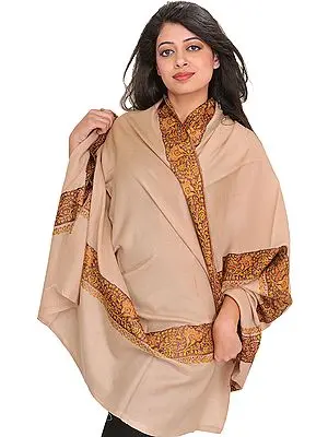 Smoke-Gray Plain Shawl from Kashmir with Sozni Hand-Embroidered Border