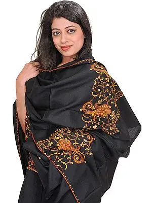 Tusha Shawl from Kashmir with Sozni Hand-Embroidered Paisleys on Border