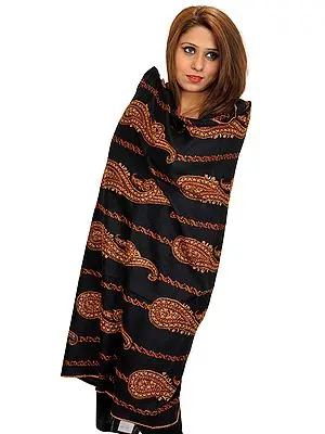 Jet-Black Tusha Shawl from Kashmir with Sozni Hand-Embroidered Paisleys All-Over