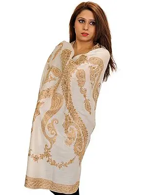 Ivory Shawl from Kashmir with Aari-Embroidered Paisleys