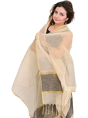 Cream Dupatta from Banaras with Woven Zari Stripes and Solid Border