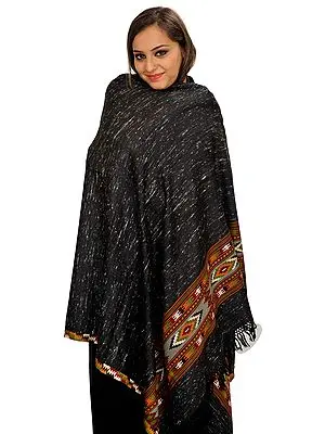 Phantom-Black Shawl from Kullu with Kinnauri Woven Border and Thread Weave