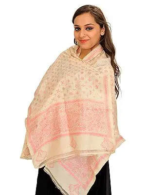Vanilla-Custard Stole from Kolkata with Kantha Hand-Embroidered Warli Motifs