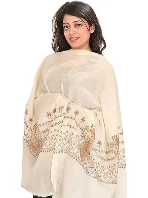 Ivory Stole from Kashmir with Sozni Hand-Embroidered Paisleys on Border