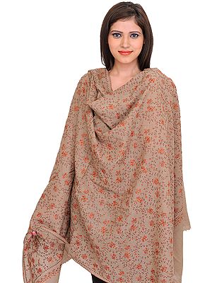 Simply-Taupe Tusha Sozni Hand-Embroidered Shawl from Kashmir