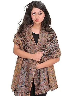 Caviar-Black Jamawar Stole with Woven Paisleys in Multicolor Thread