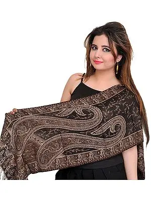 Caviar-Black Reversible Jamawar Scarf with Woven Paisleys