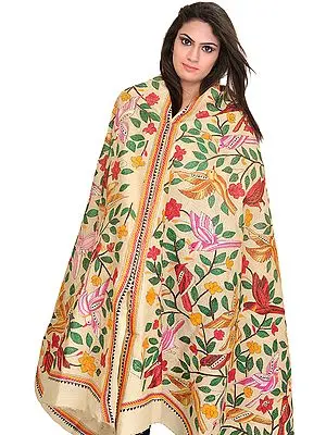 Alabaster-Gleam Dupatta from Kolkata with Kantha Hand-Embroidered Birds and Foliage
