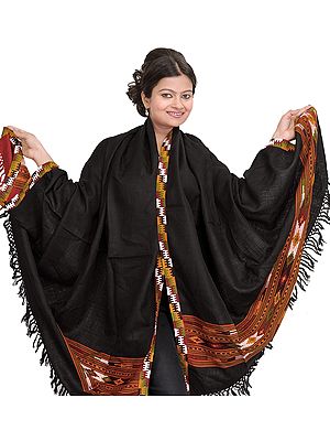 Garnet-Red Plain Shawl from Kullu with Kinnauri Woven Border