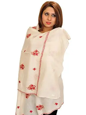 Tusha Stole from Kashmir with Sozni Hand-Embroidered Maple Leaves