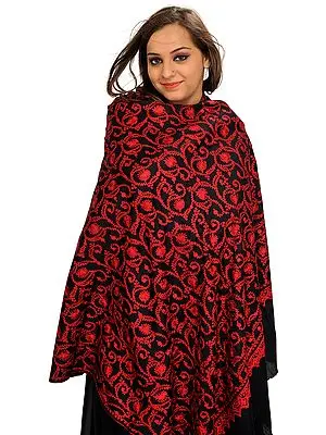 Black and Red Shawl from Kashmir with Aari Embroidery All-Over